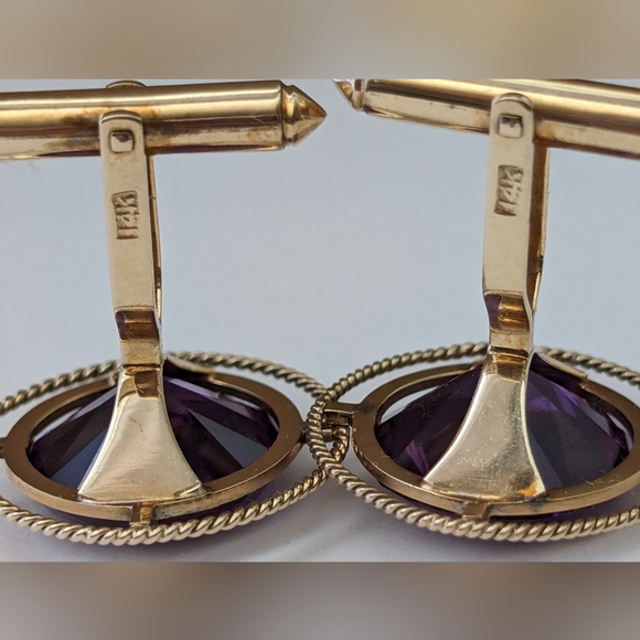 Art Deco 14k Yellow Gold 15mm Round Synthetic Alexandrite Rope Design Cufflinks - Picture 5 of 7